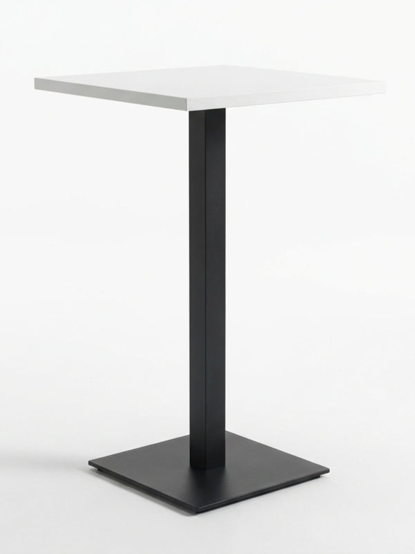 The Reflection Table Collection features a modern, minimalist square table with a white top and black metal pedestal base—ideal for customisable bar furniture or event bar hire—shown on a plain white background.