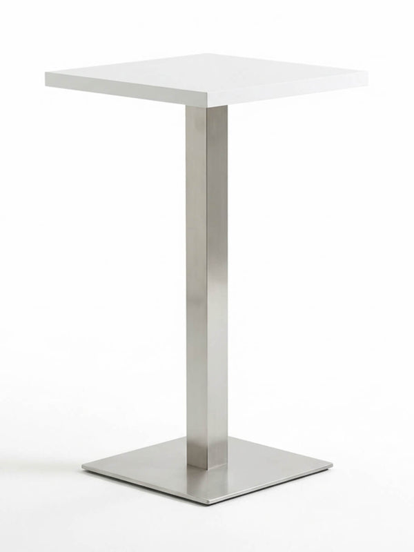 The Reflection Table Collection features a modern square pedestal table with a white tabletop and stainless steel base, ideal for event bar hire or as customisable bar furniture, shown against a plain white background.