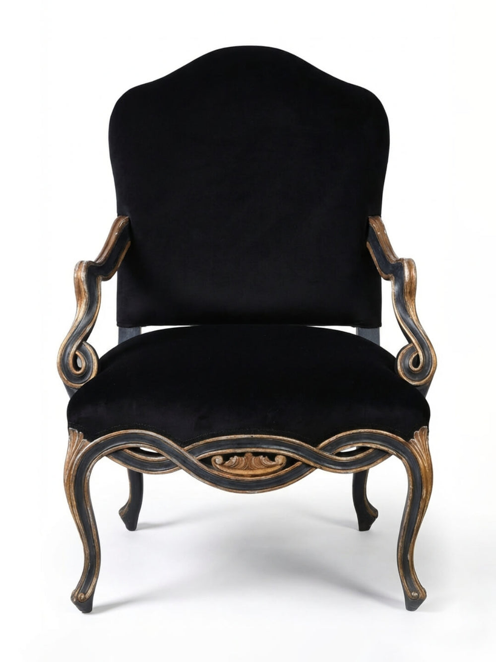 The Rococo Noir Chair features a black velvet seat, high rounded back, ornate carved wooden frame, and curved arms and legs, capturing French palace elegance against a white backdrop.