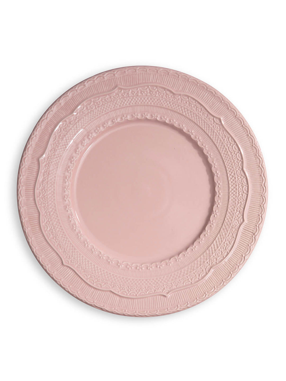 The Roseate Charger Plate features a round, blush-pink design with ornate, textured rim detailing—ideal for adding elegance to wedding table decor. Shown on a white background.
