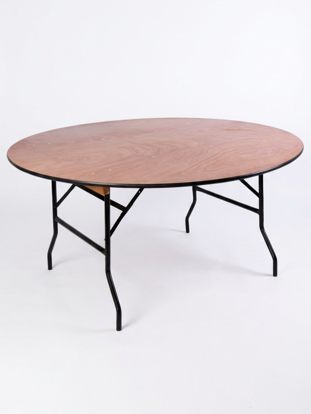 The Round Tables feature a light brown wooden top and black metal folding legs, ideal as event furniture. Shown against a plain white background.