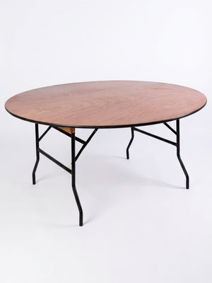 The Round Tables feature a light brown wooden top and black metal folding legs, ideal as event furniture. Shown against a plain white background.