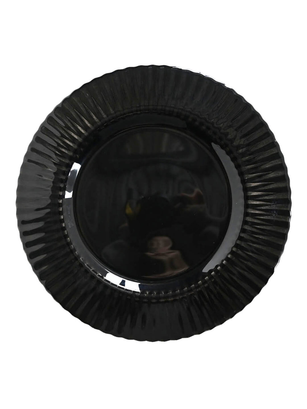 The Sabrina Charger Plate, a round glossy black plate with fluted textured edges, is displayed from above on a white background—ideal for modern tablescapes.