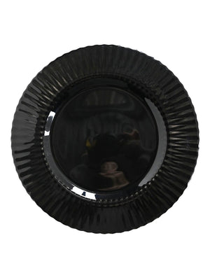 The Sabrina Charger Plate, a round glossy black plate with fluted textured edges, is displayed from above on a white background—ideal for modern tablescapes.