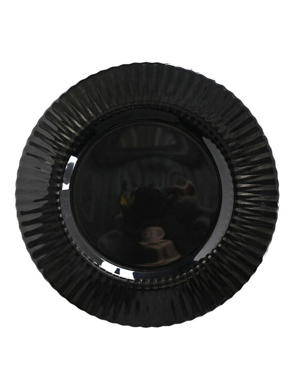 The Sabrina Charger Plate, a round glossy black plate with fluted textured edges, is displayed from above on a white background—ideal for modern tablescapes.