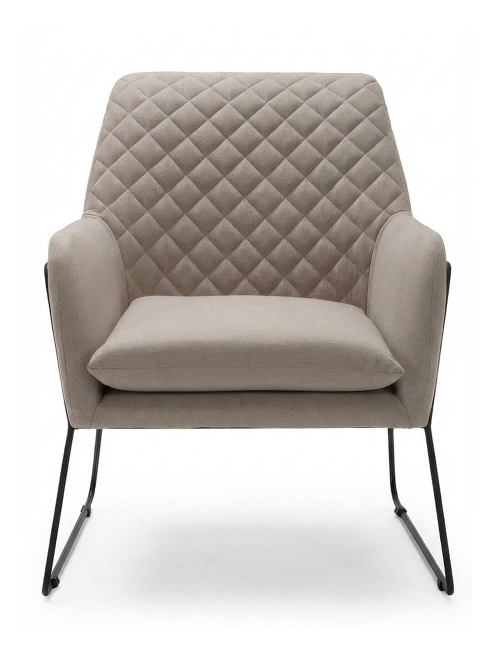 The Sandstone Chair is a modern accent chair with quilted, diamond-patterned beige linen upholstery, a wide cushioned seat, and sleek black metal legs, displayed from the front against a plain white background.