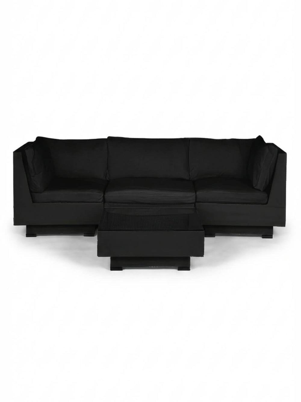 The Sereno Black modular sofa features clean lines and low arms, paired with a matching square coffee table, set against a plain white background for a sleek contemporary outdoor feel.