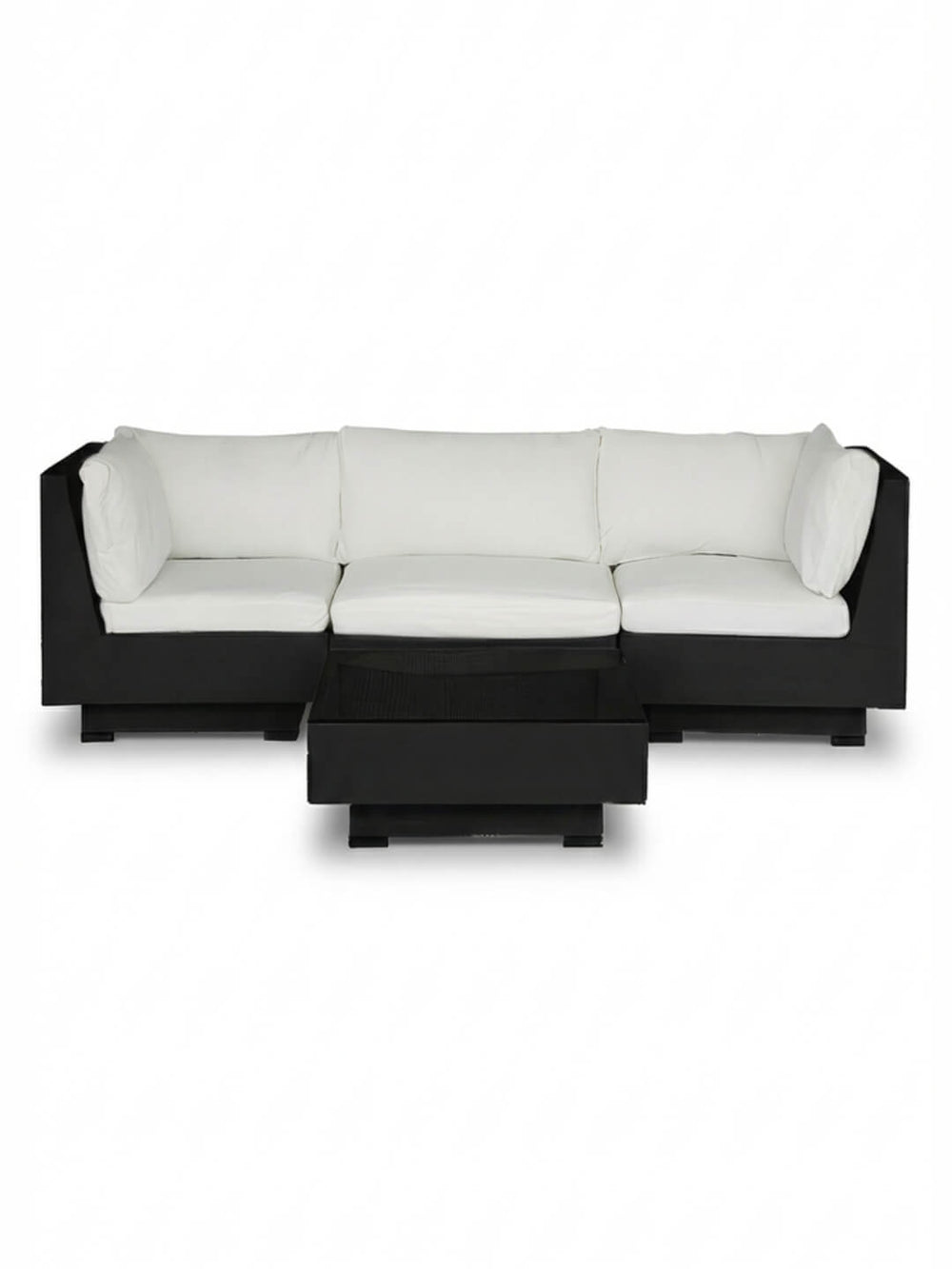 The Sereno Black modular sofa features clean lines and low arms, paired with a matching square coffee table, set against a plain white background for a sleek contemporary outdoor feel.