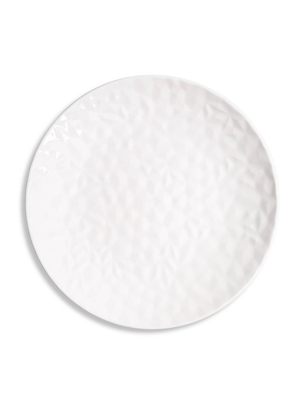 The Sky Charger Plate is a round white ceramic plate with a subtle textured geometric pattern, ideal as a modern charger plate for luxury wedding tableware. Photographed against a plain white background.