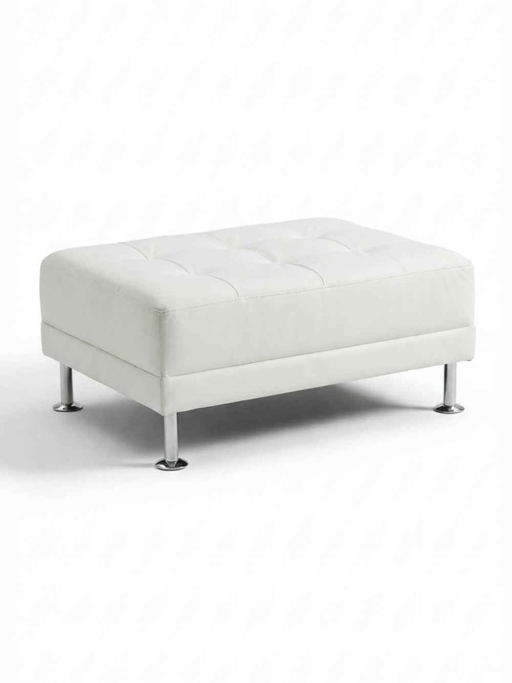 The Soho Pouffe is a modern cube ottoman in white faux leather with tufted top detailing and four short, cylindrical metal legs.