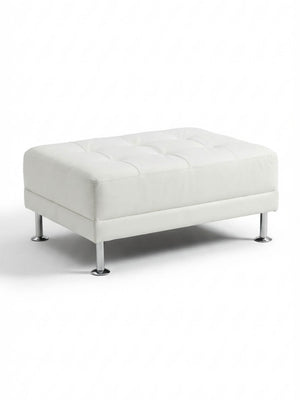 The Soho Pouffe is a modern cube ottoman in white faux leather with tufted top detailing and four short, cylindrical metal legs.