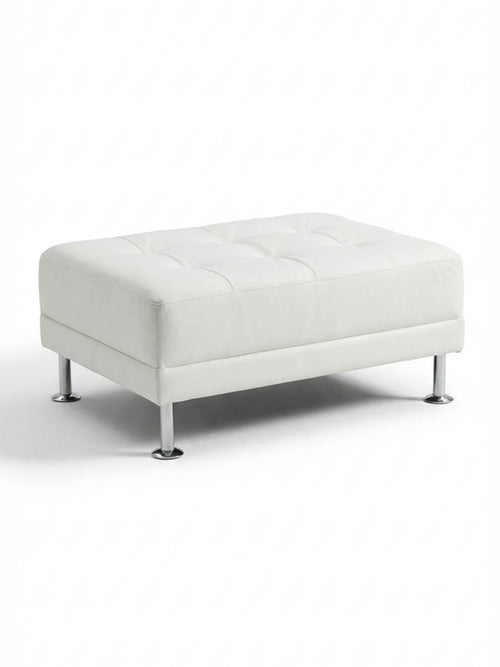 The Soho Pouffe is a modern cube ottoman in white faux leather with tufted top detailing and four short, cylindrical metal legs.