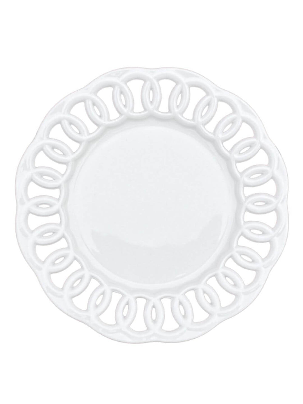 The Sol Charger Plate is round and white, featuring a decorative cut-out edge with a looping, intertwined pattern that adds modern elegance.