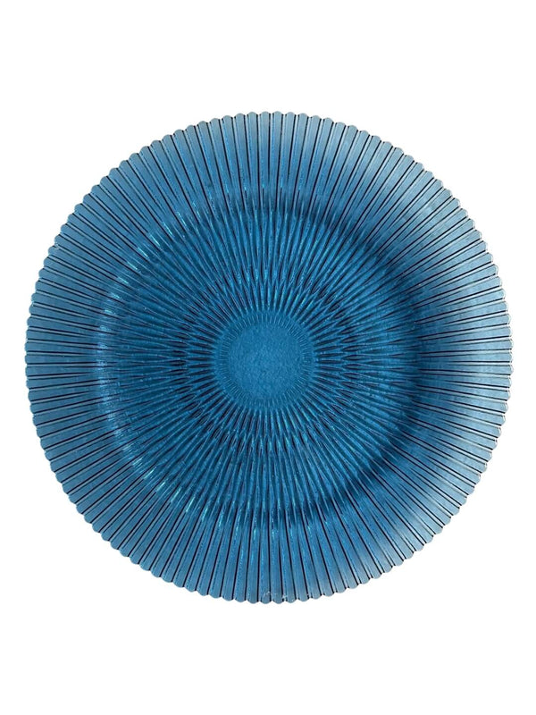 The Solara Blue Charger Plate is a round, high-quality glass plate with a textured radiating pattern and scalloped edges, adding contemporary style to any table setting.