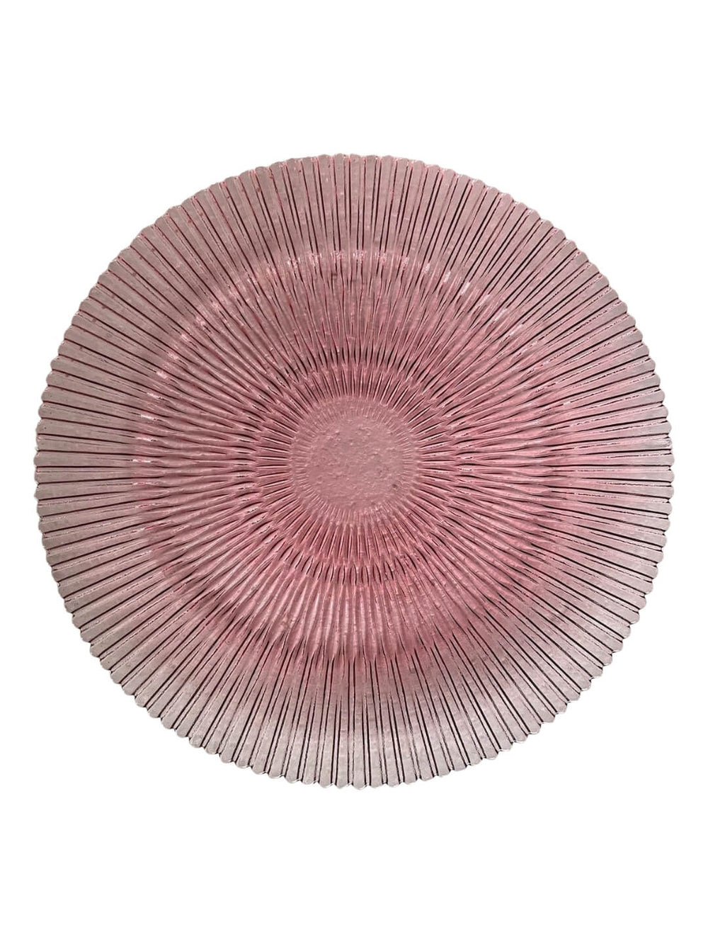 The Solara Pink Charger Plate is a round glass plate in pink, featuring a textured radiating line pattern that creates a modern sunburst effect—a striking addition to your tableware.