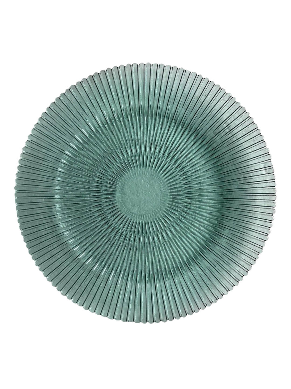 The Solara Sage Charger Plate is a round, clear glass plate with a subtle sage green tint and a textured sunburst design, adding contemporary elegance to your table setting.