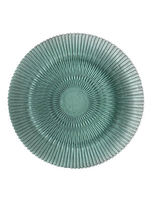 The Solara Sage Charger Plate is a round, clear glass plate with a subtle sage green tint and a textured sunburst design, adding contemporary elegance to your table setting.