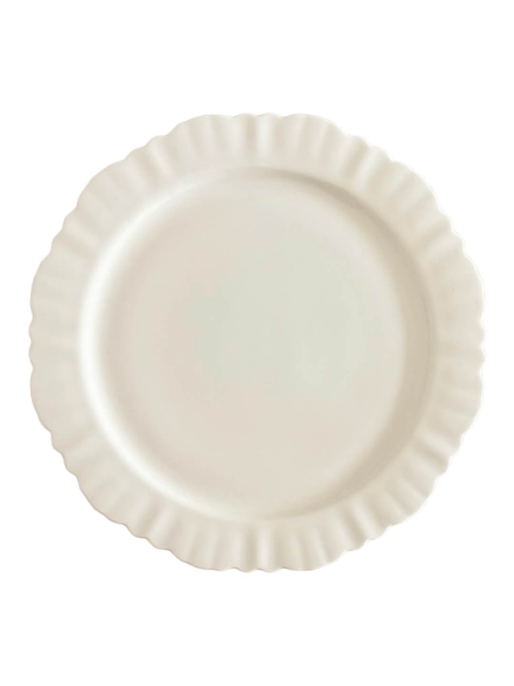The Sophia Charger Plate features a plain white design with a scalloped, wavy edge, shown from above on a white background—ideal for elegant tableware or wedding table settings.
