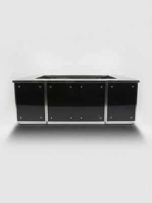 The Stainless Steel Modular Bar features a modern black and silver finish, three front-facing doors, metallic edges, and visible screws for a minimalist industrial style, photographed against a plain white background.