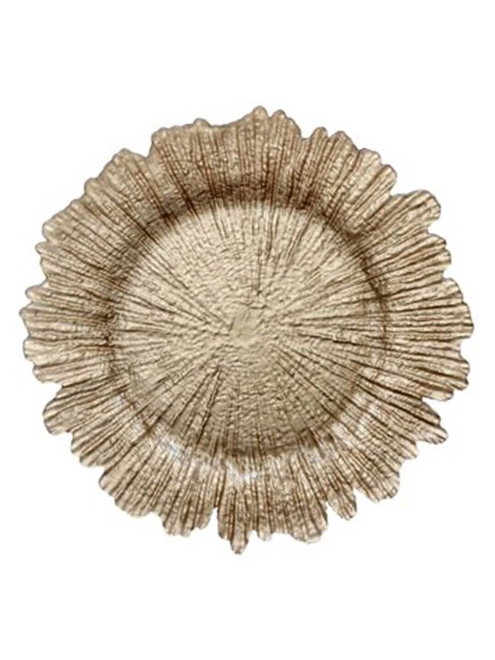 The Strata Champagne Charger Plate is a round, textured glass charger with wavy, uneven edges resembling a flower or leaf and finished in an elegant metallic gold hue.