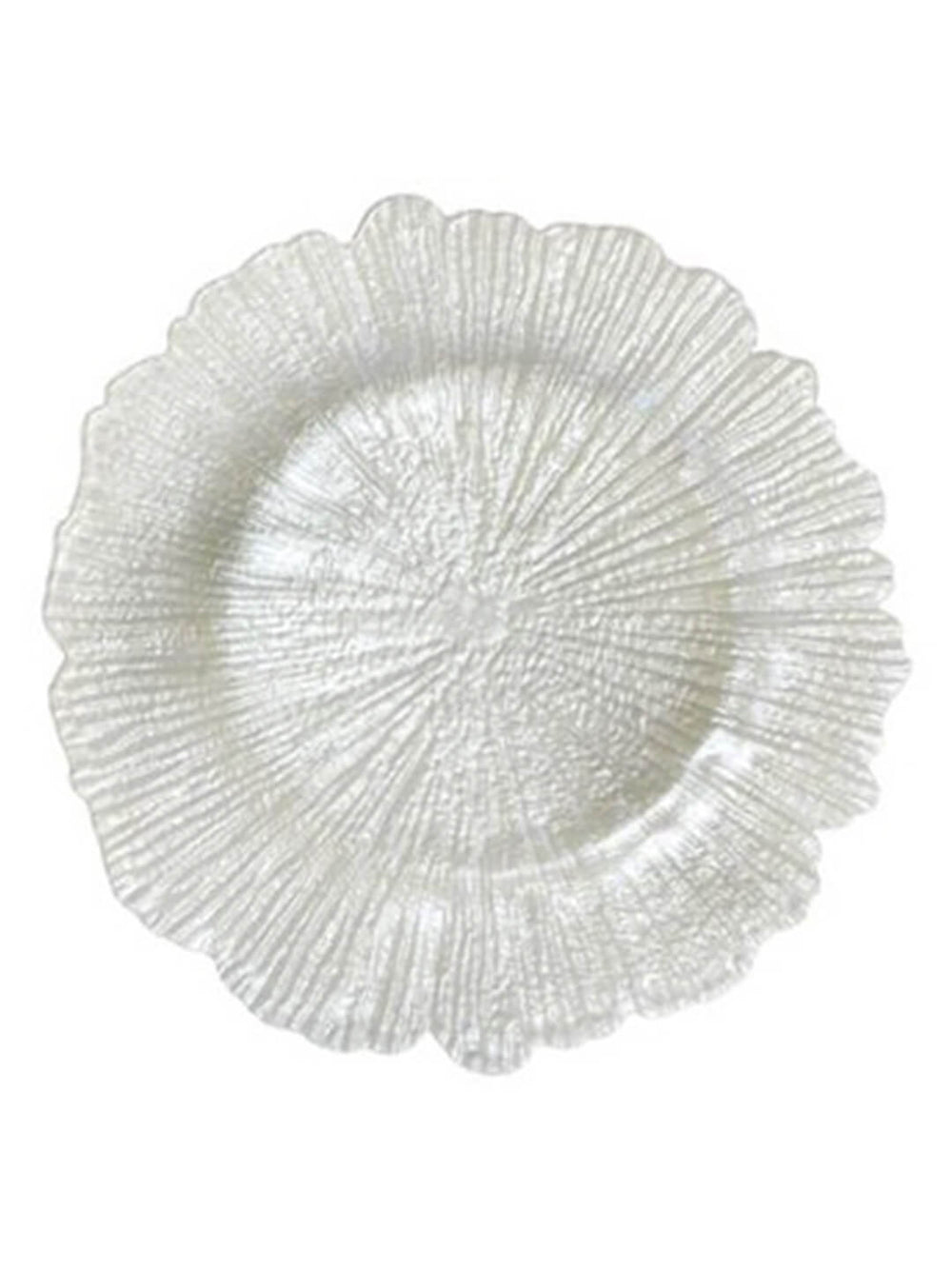 The Strata Pearl Charger Plate is a premium glass charger with a clear, textured radiating pattern and irregular, wavy edges resembling a flower or leaf.