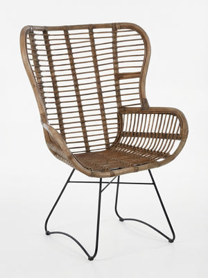 The Sundown Chair features a high back, natural cane design, wide armrests, and black metal legs—set against a white background, it’s the perfect bohemian accent chair for any space.