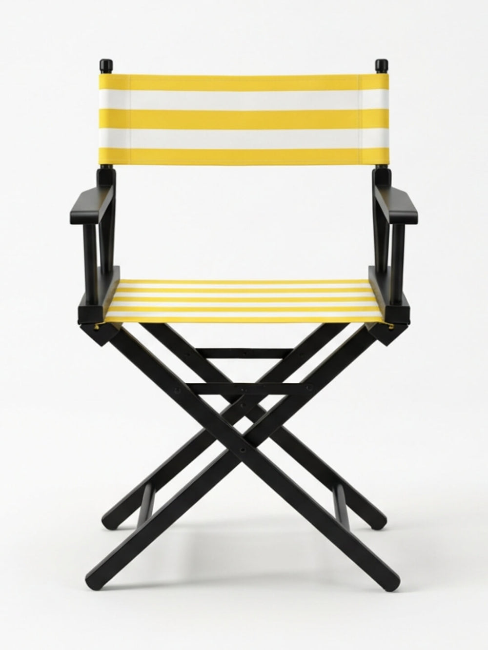 The Sunset Directors Chair features armrests and a pink and white striped canvas seat and backrest, all set on a wooden frame. Shown against a plain white background, it's a stylish outdoor director’s chair for any setting.