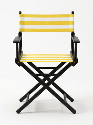The Sunset Directors Chair features a black frame with yellow and white horizontal stripes on the seat and backrest, offering both style and function for outdoor settings against a plain white background.