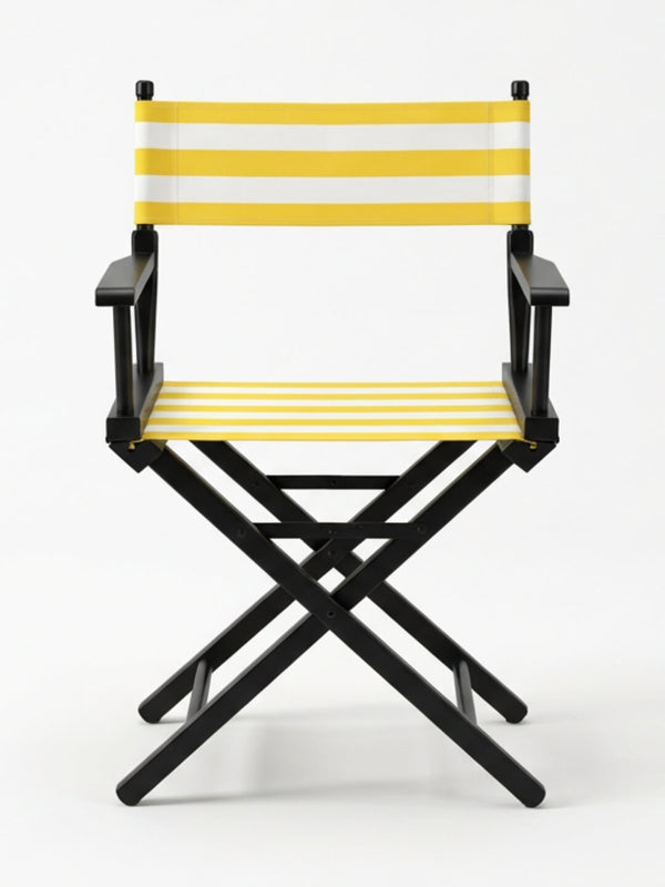 The Sunset Directors Chair features a black frame with yellow and white horizontal stripes on the seat and backrest, offering both style and function for outdoor settings against a plain white background.