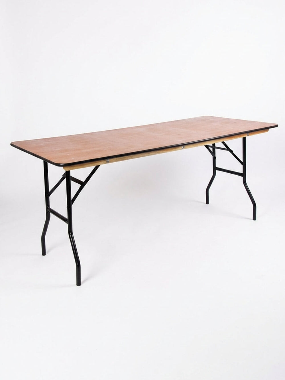 Trestle Tables feature a rectangular folding design with a light brown wooden top and black metal legs, ideal for use as event tables. Shown against a plain white background.
