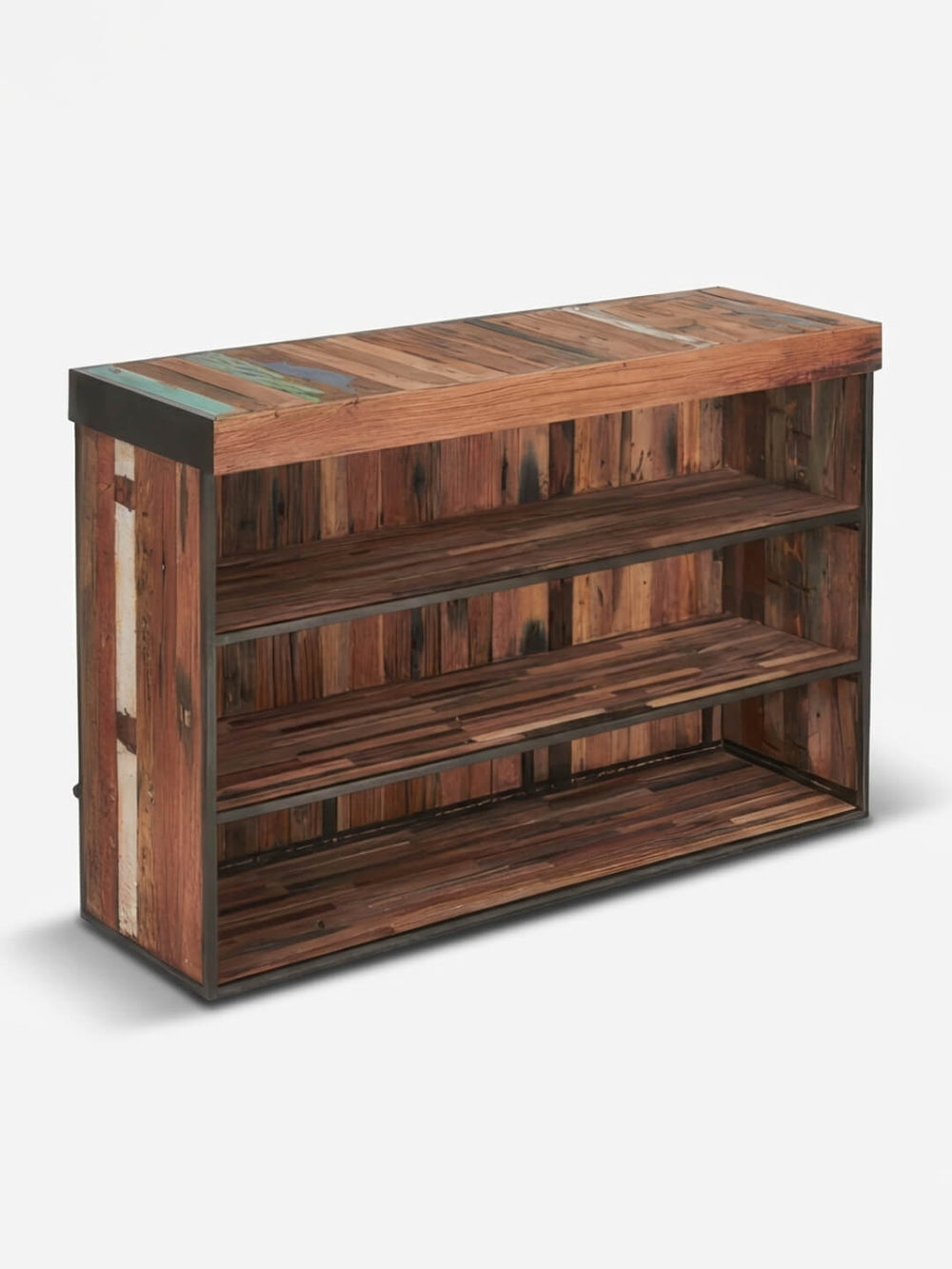 The Urban Wood Bar is a low, rectangular reclaimed wood cabinet with multicolored vertical slats in brown, blue, and teal, plus black metal handles on each side. Shown against a plain white background.