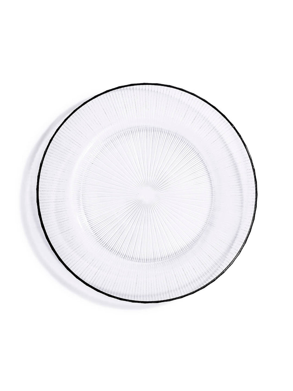 The Verto Black Charger Plate features clear glass with a subtle sunburst texture radiating from the center and a thin black rim, seen from above on a white background—an elegant modern tableware piece.