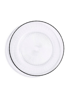 The Verto Black Charger Plate features clear glass with a subtle sunburst texture radiating from the center and a thin black rim, seen from above on a white background—an elegant modern tableware piece.