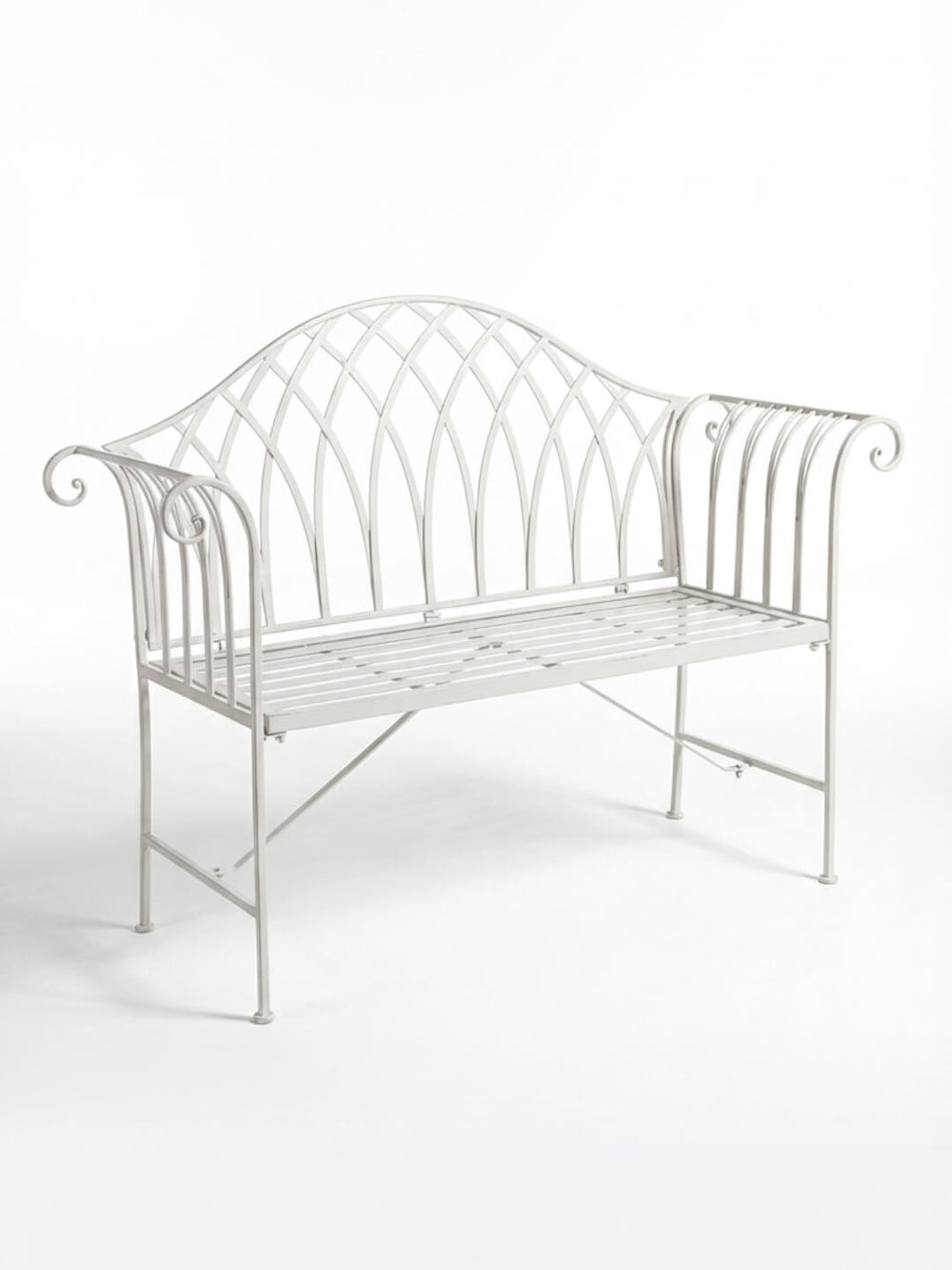 The Willow Garden Bench is a white metal outdoor bench with a lattice-patterned backrest, curved armrests, and a slatted seat—an elegant addition to any garden furniture collection. Shown on a plain white background.