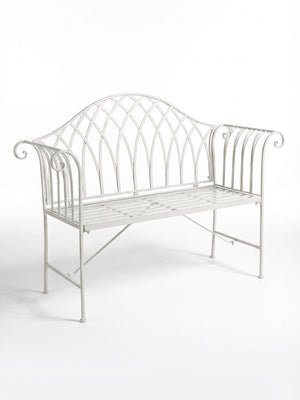 The Willow Garden Bench is a white metal outdoor bench with a lattice-patterned backrest, curved armrests, and a slatted seat—an elegant addition to any garden furniture collection. Shown on a plain white background.