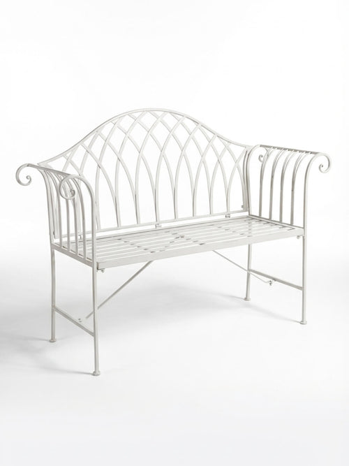 The Willow Garden Bench is a white metal outdoor bench with a lattice-patterned backrest, curved armrests, and a slatted seat—an elegant addition to any garden furniture collection. Shown on a plain white background.