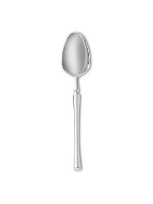 A sleek spoon from the Emre Cutlery Range features a reflective stainless steel finish and a minimalist handle, shown on a plain white background‚Äîperfect for modern table settings.