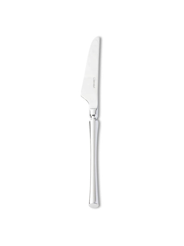 A stainless steel cheese knife from the Emre Cutlery Range, featuring a curved blade and polished rounded handle, showcases modern tableware style on a plain white background.
