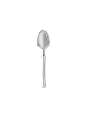 A sleek silver spoon from the Emre Cutlery Range, featuring a rounded bowl and smooth, tapered handle, is centered on a white background to highlight its modern elegance.