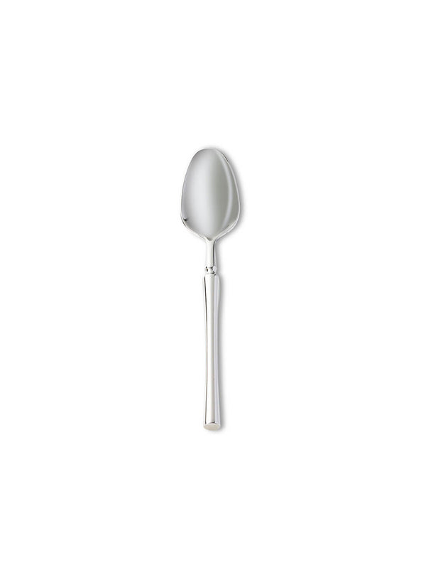 A sleek silver spoon from the Emre Cutlery Range, featuring a rounded bowl and smooth, tapered handle, is centered on a white background to highlight its modern elegance.