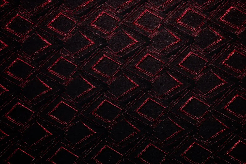 Table linen with rich red accents and bold geometric design create dramatic flair and luxurious style.