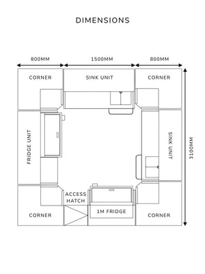 Kitchen layout diagram labeled DIMENSIONS shows a 3100mm x 3100mm rectangular room with sink and fridge units, corner areas, and access hatch—perfect for installing the Illuminated Stainless Steel Bar.