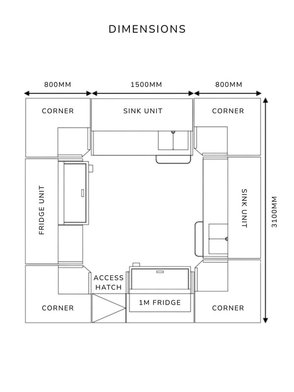 Floor plan of a 3100mm x 3100mm kitchen showing labeled zones for two sinks, fridge unit, 1m fridge, access hatch, and four corners. Ideal for installing a Stainless Steel Modular Bar. Features dimensional arrows and descriptive text.