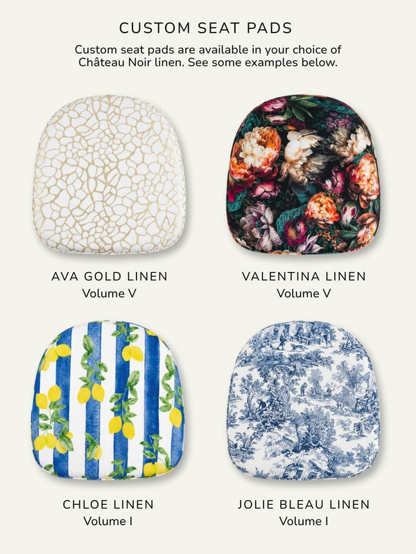 Four customisable seat pads are shown on the Mahogany Chiavari Chair, each in a unique linen: Gold Abstract, Floral, Lemons with Blue Stripes, and Blue Toile. Each pad is labeled with its fabric name and Volume V for stylish event seating.
