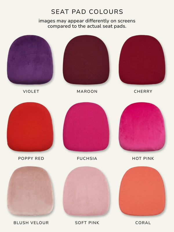 A chart of nine custom seat pads for the Chiavari Chair - Ice, shown in violet, maroon, cherry, poppy red, fuchsia, hot pink, blush velour, soft pink, and coral—displayed in a labeled 3x3 grid beneath each pad.