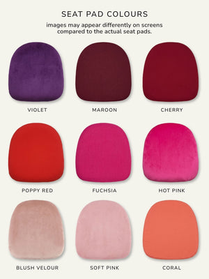 A chart shows nine colorful seat pads in a 3x3 grid on a pale background—ideal choices to pair with the Napoleon Ice Chair at your next event.