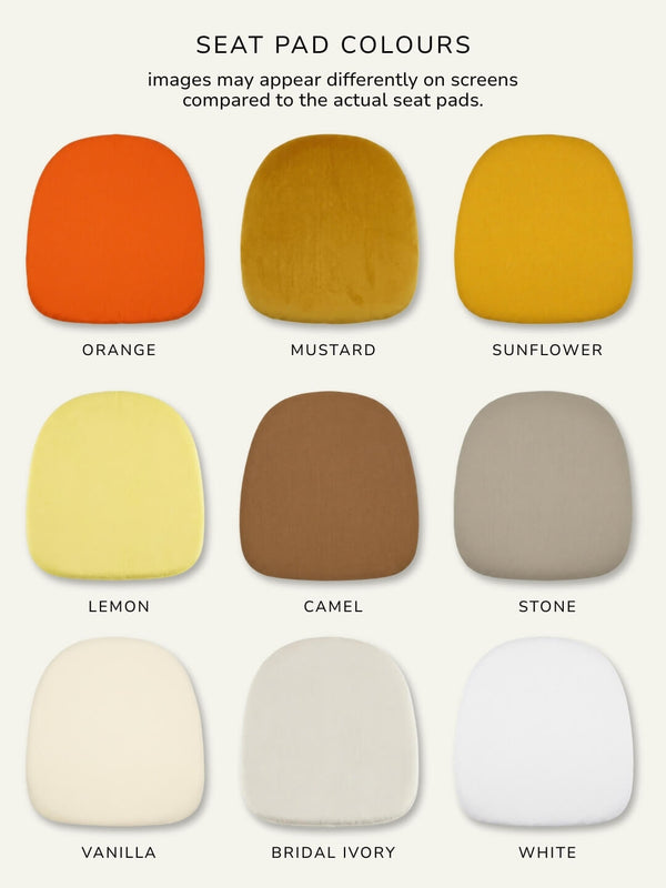Nine seat pads in various colors are displayed in a 3x3 grid on a transparent Napoleon Ice Chair. From top left to bottom right: orange, mustard, sunflower, lemon, camel, stone, vanilla, bridal ivory, and white. Each pad has a label underneath.