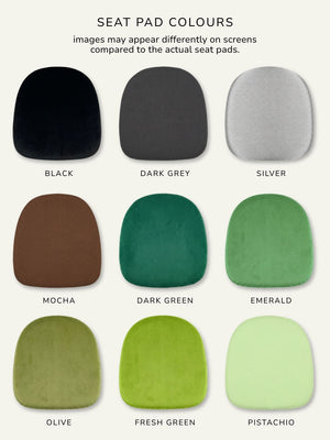 A set of nine vibrant seat pads—black, dark grey, silver, mocha, dark green, emerald, olive, fresh green, pistachio—perfect for the Napoleon Ice Chair or any transparent event chair; each pad is labeled with its color name.