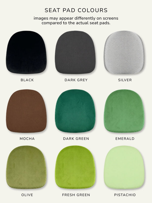 A set of nine vibrant seat pads—black, dark grey, silver, mocha, dark green, emerald, olive, fresh green, pistachio—perfect for the Napoleon Ice Chair or any transparent event chair; each pad is labeled with its color name.