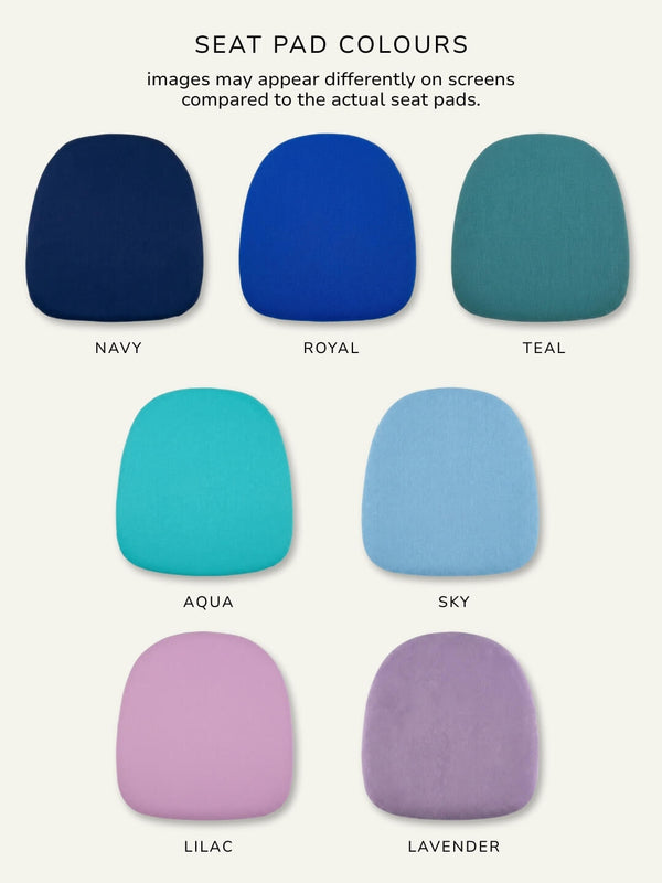 Six customizable seat pads for the Infinity Chair are displayed: navy, royal, teal (top row); aqua, sky, lilac, lavender (bottom row). Note: screen color differences may occur.